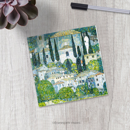 Gustav Klimt Kirche in Cassone Art Greeting Card on a desk with pen and plant