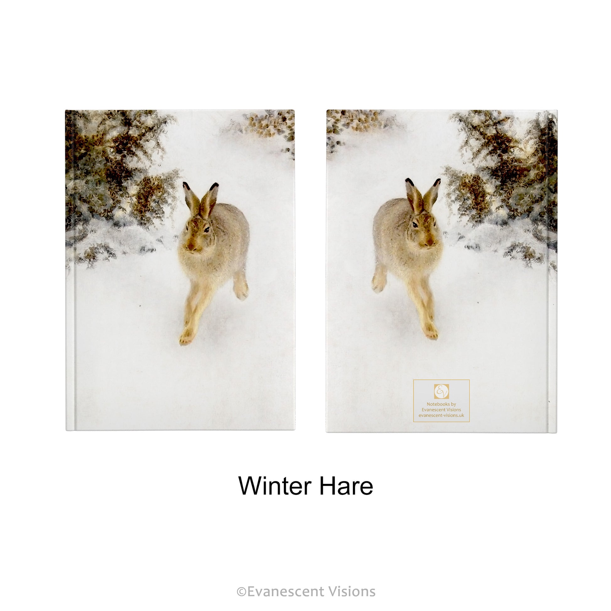 Snowy Winter Landscapes Hardcover Notebook with design option 'Winter Hare'.