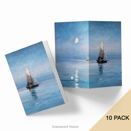 Front and back veiws of the Carl Locher's Fishing Cutters in the Moonlit Night Art Notecards Notelets
