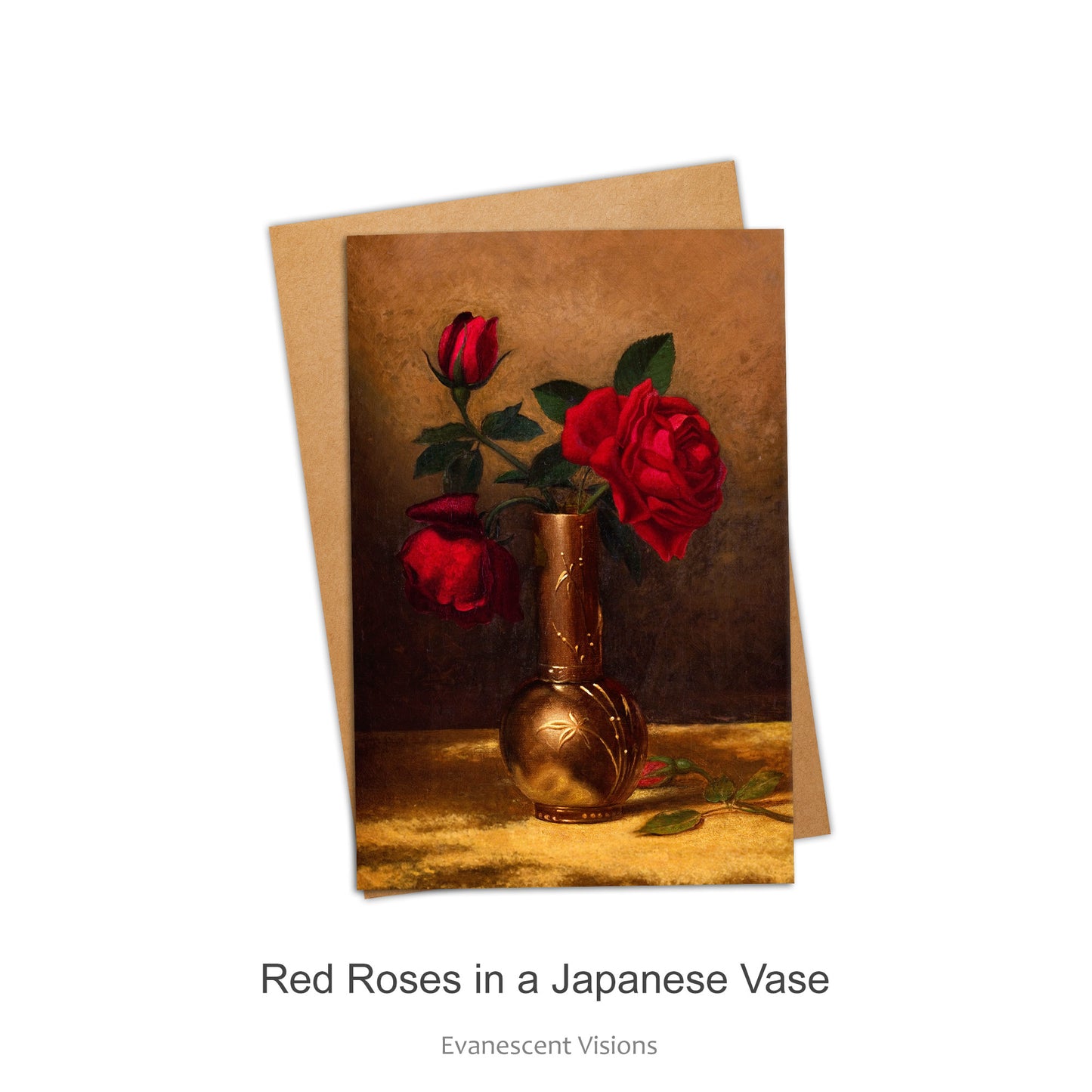 Red Roses Art Greeting Card with design 'Red Roses in a Japanese Vase'.