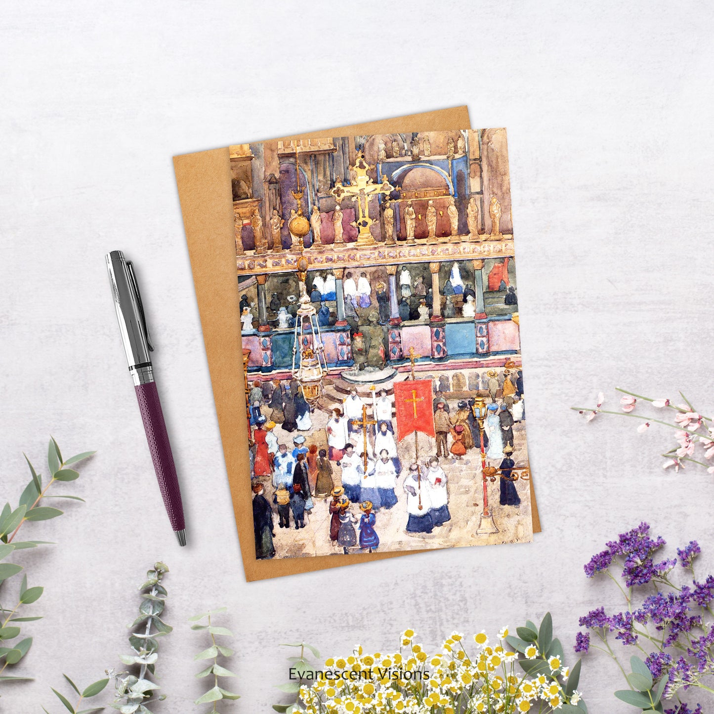 aster Procession in Venice Fine Art Card on a table with flowers and a pen