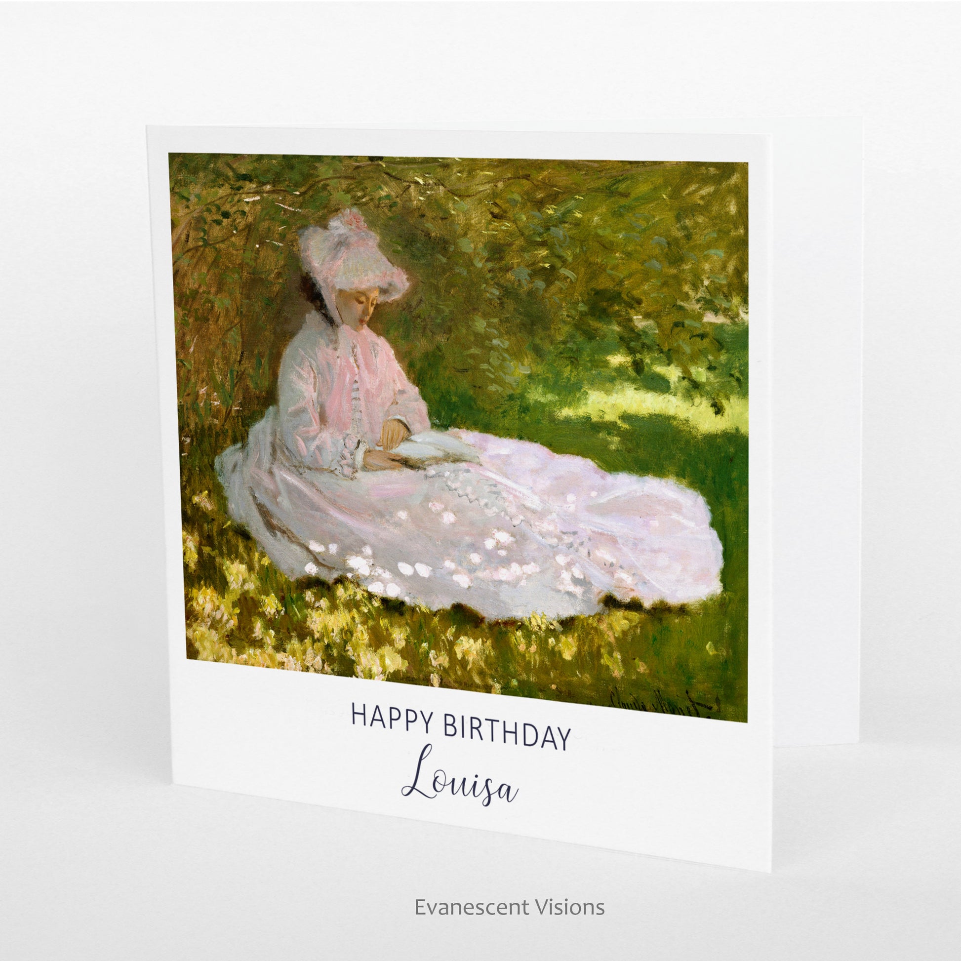 Monet's Springtime Art Personalised Birthday Card standing on a surface