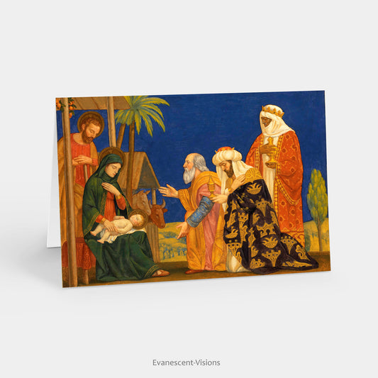 Henry Siddons Mowbray The Magi Fine Art Nativity Christmas Card stnading on a desk