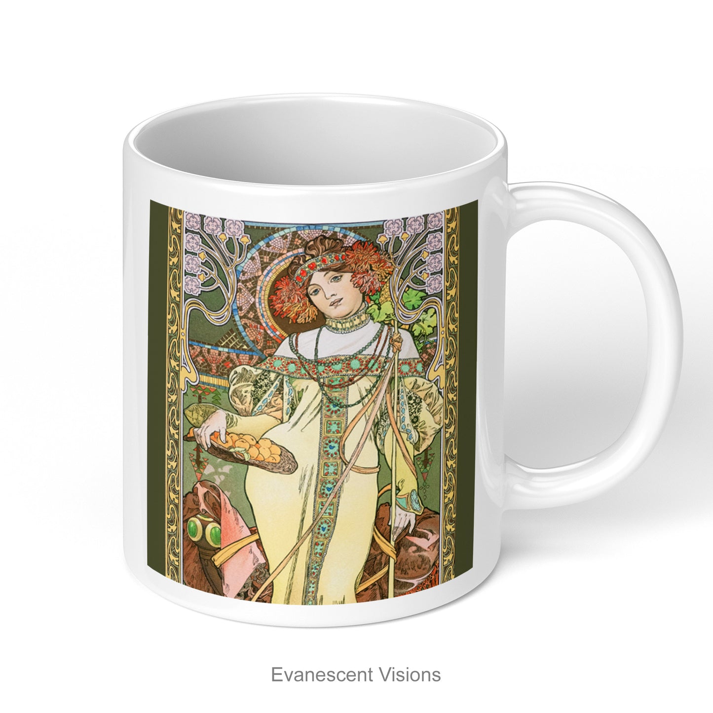 11oz glossy mug with Mucha's Autumn art nouveau design artwork