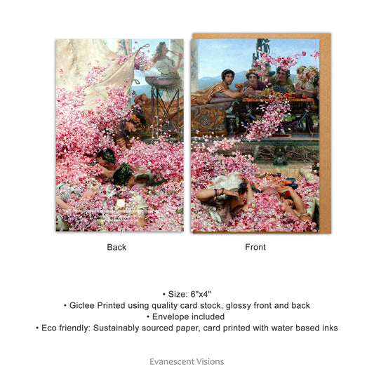 Front and back views and product details for the Roses of Heliogabalus by Alma-Tadema Art Notecard
