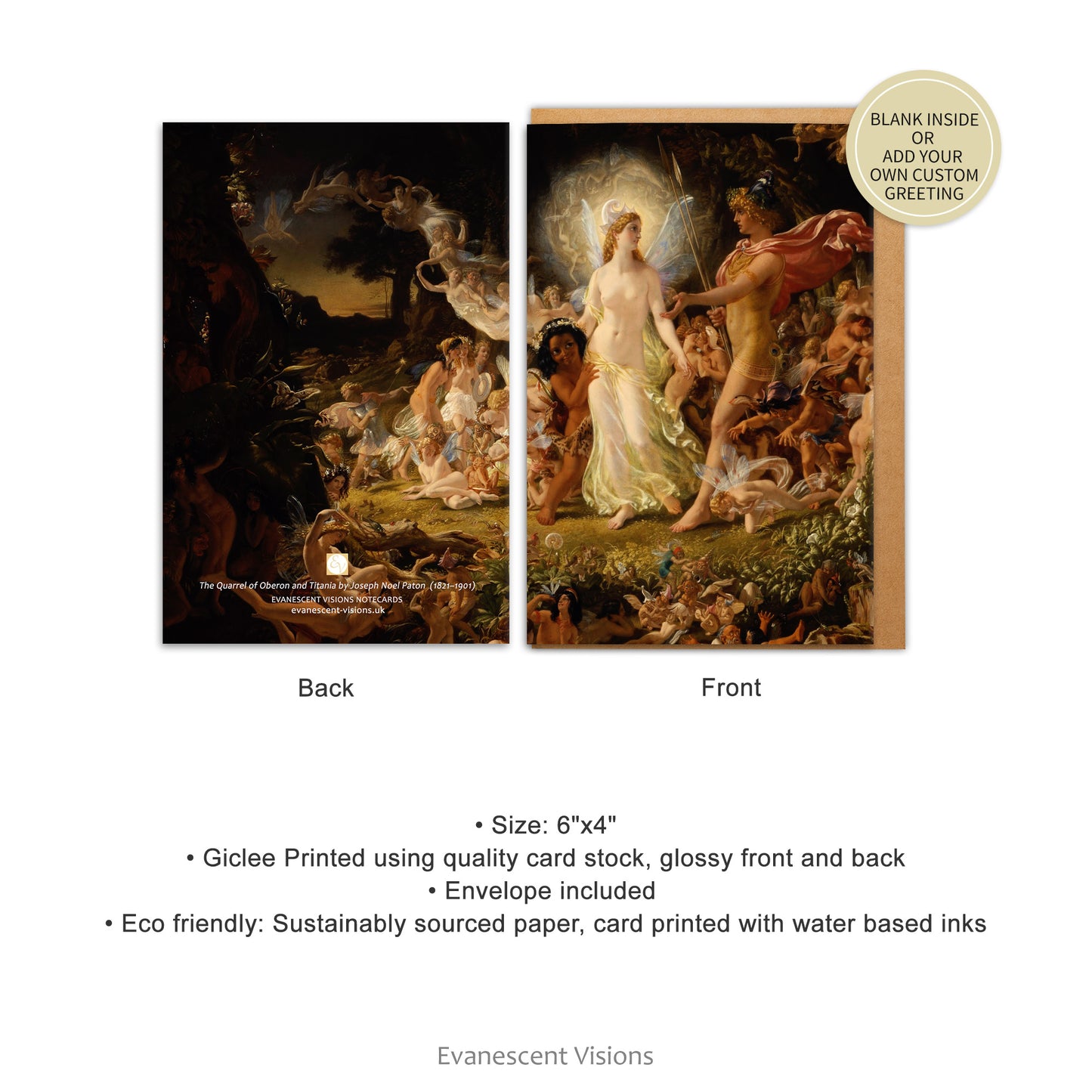 Front and back views and product details of the Quarrel of Oberon and Titania Art Notecard