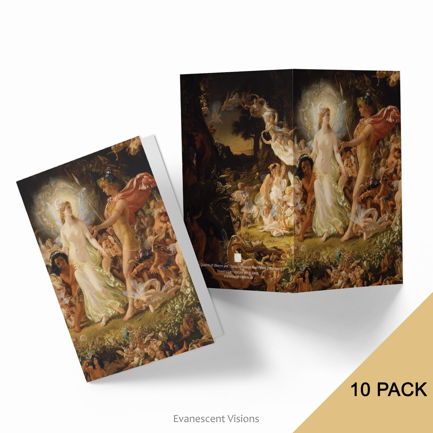 2 notecards showing the front and back views of the Quarrel of Oberon and Titania Art Notecard