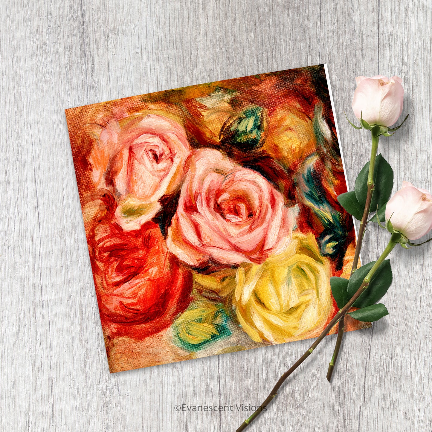 Evanescent Visions Renoir Roses Art Greeting Card styled with real roses