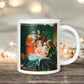 Fine Art Madonna and Child Religious Mug on a wood surface with Christmas lights
