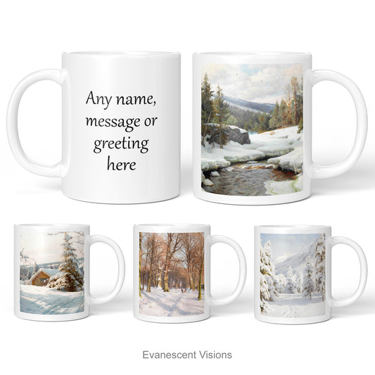 Personalised Winter Landscape Mugs, Christmas Art Mugs