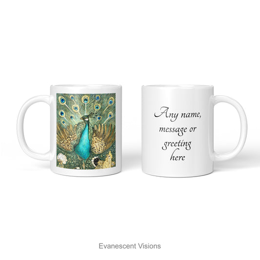 11oz glossy personalisable mug with Hoytema vintage style peacock arwork