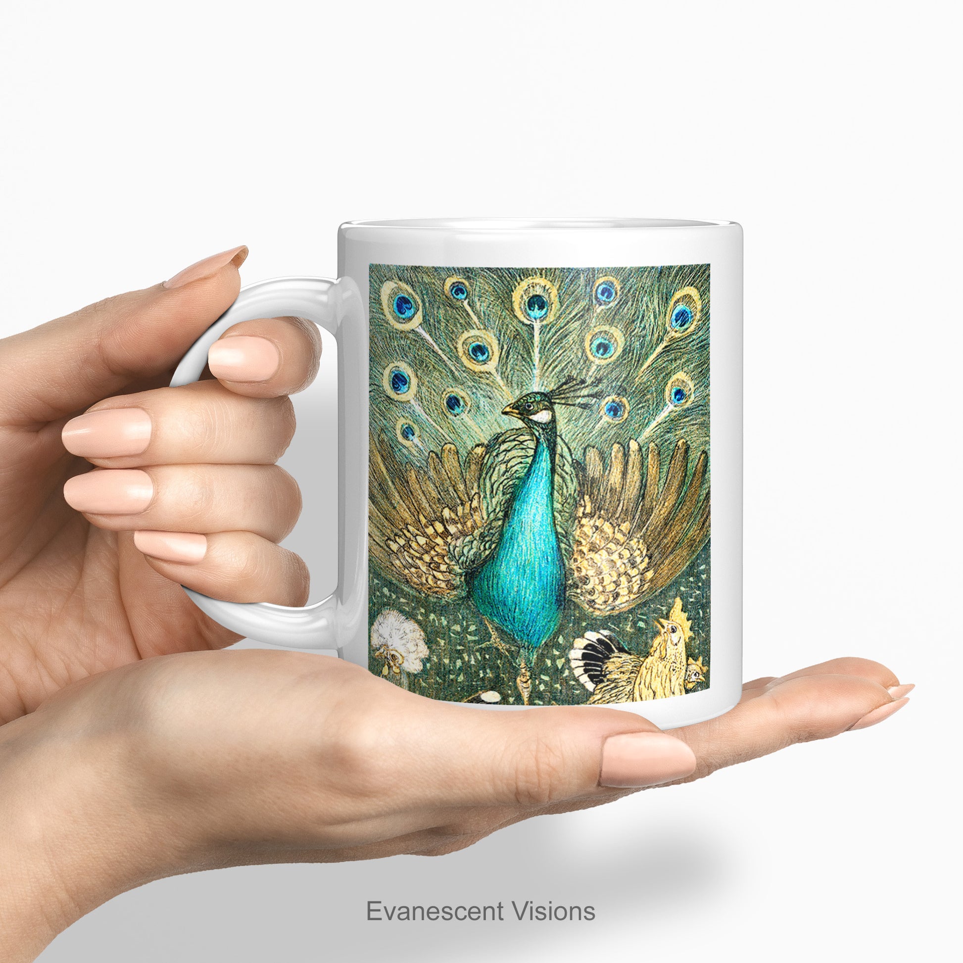 hand holding the Peacock personalised art mug