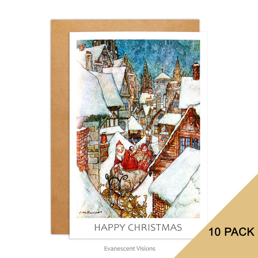 Santa Claus in the Rooftops Christmas Cards, Pack of 10, Personalised or Blank