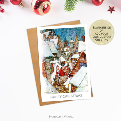 Arthur Rackham Santa Claus Christmas Card with envelope on a table surrounded by christmas decorations