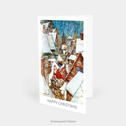 Santa Claus in the Rooftops Christmas Cards, Pack of 10, Personalised or Blank