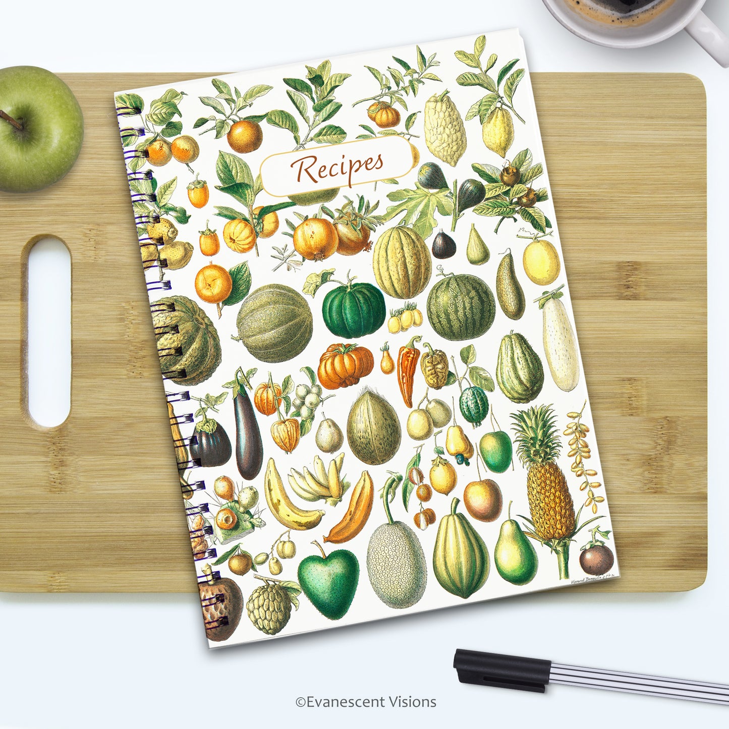 Vintage Fruit and Vegetables Patterned Spiral Bound Recipe Notebook on a chopping board