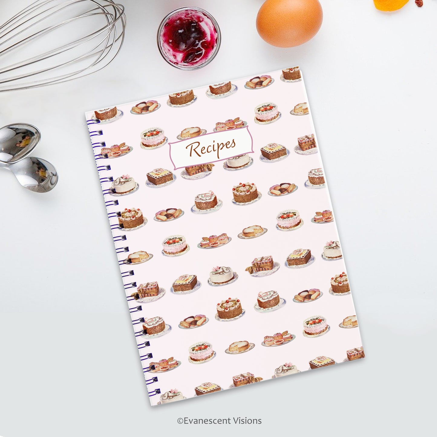 Evanescent Visions Victorian Cakes Patterned Spiral Bound Recipe Notebook with baking utensils and food