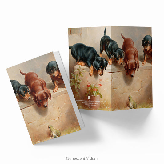 front and back views of the Carl Reichert Dachshund Puppies and a Frog Art Notecard