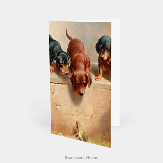 Carl Reichert Dachshund Puppies and a Frog Art Notecard standing on a table