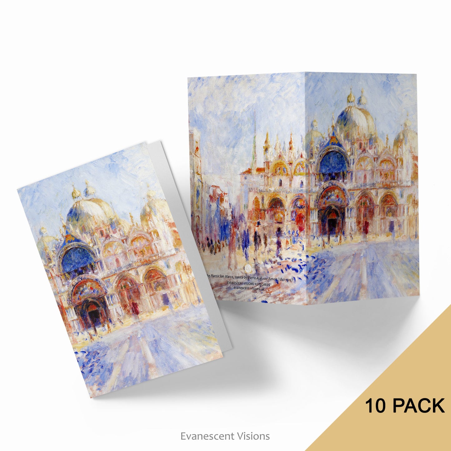 2 notecards showing the front and back views of the Renoir The Piazza San Marco Venice Notecard