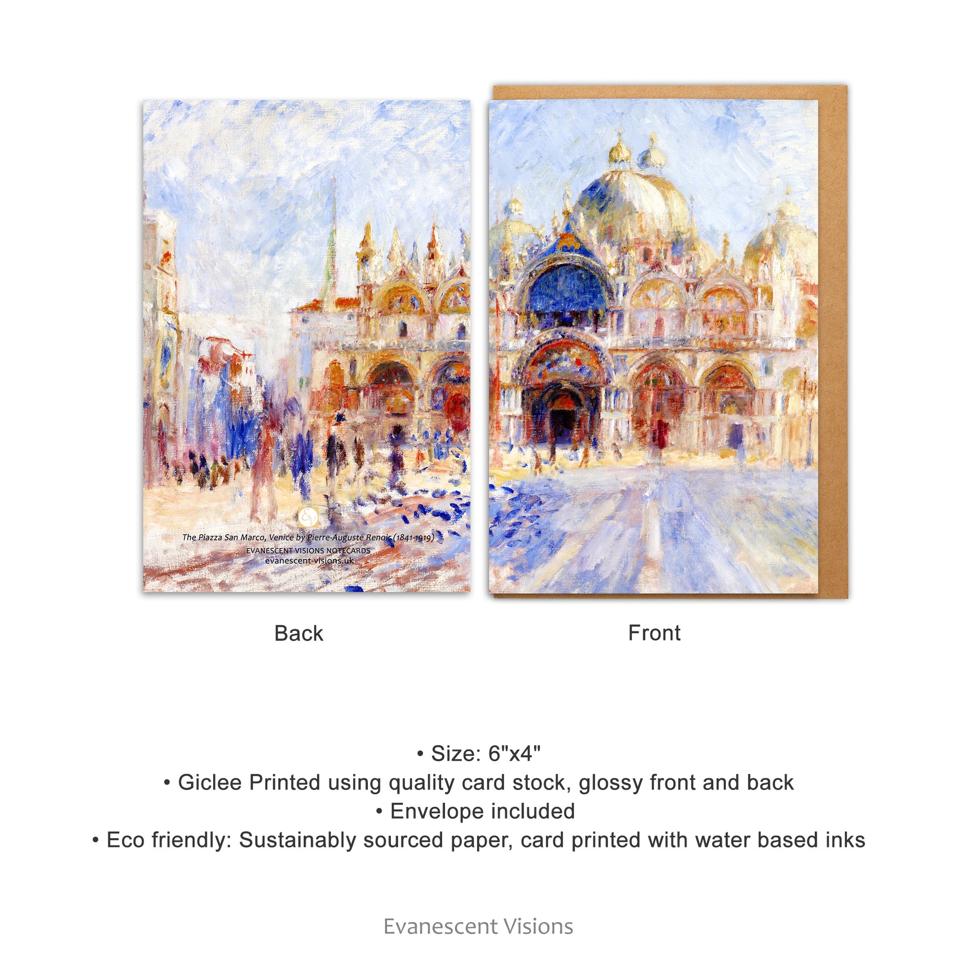 2 notecards showing the front and back views and product details of the Renoir The Piazza San Marco Venice Notecard