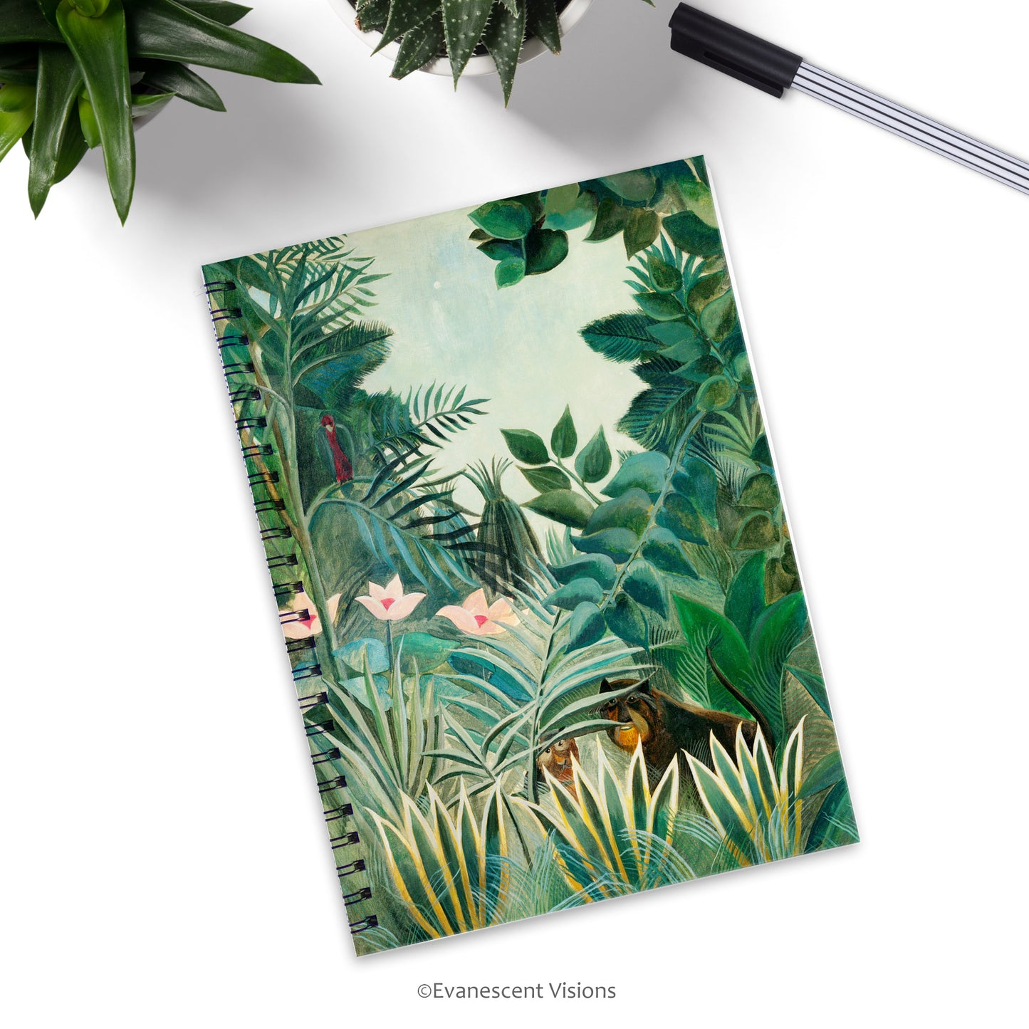 Rousseau Equatorial Jungle Spiral Bound Notebook with a pen and plants