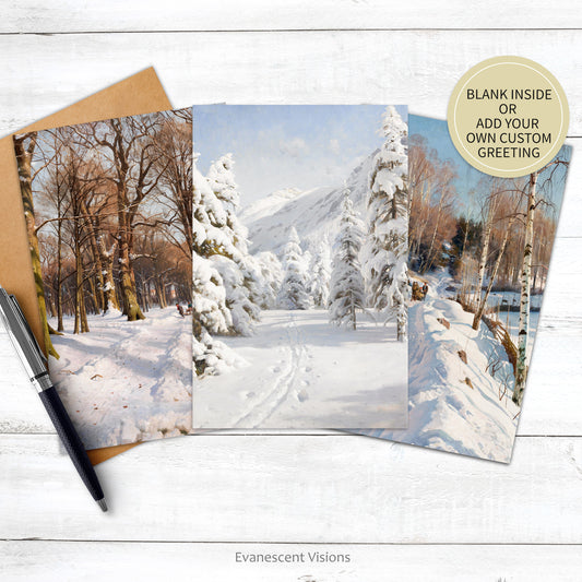 Snowy Landscape Winter Art Cards on a wood surface
