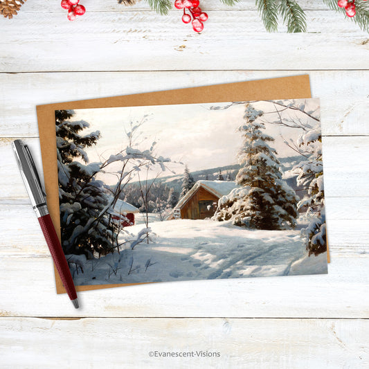 Snow Scene Landscapes Christmas Card on a wood desk