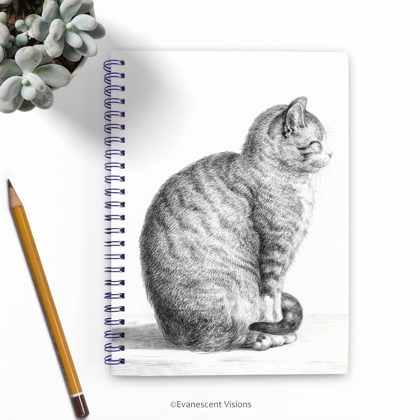 Sitting Cat Fine Art Spiral Bound Notebook with a pencil and plant