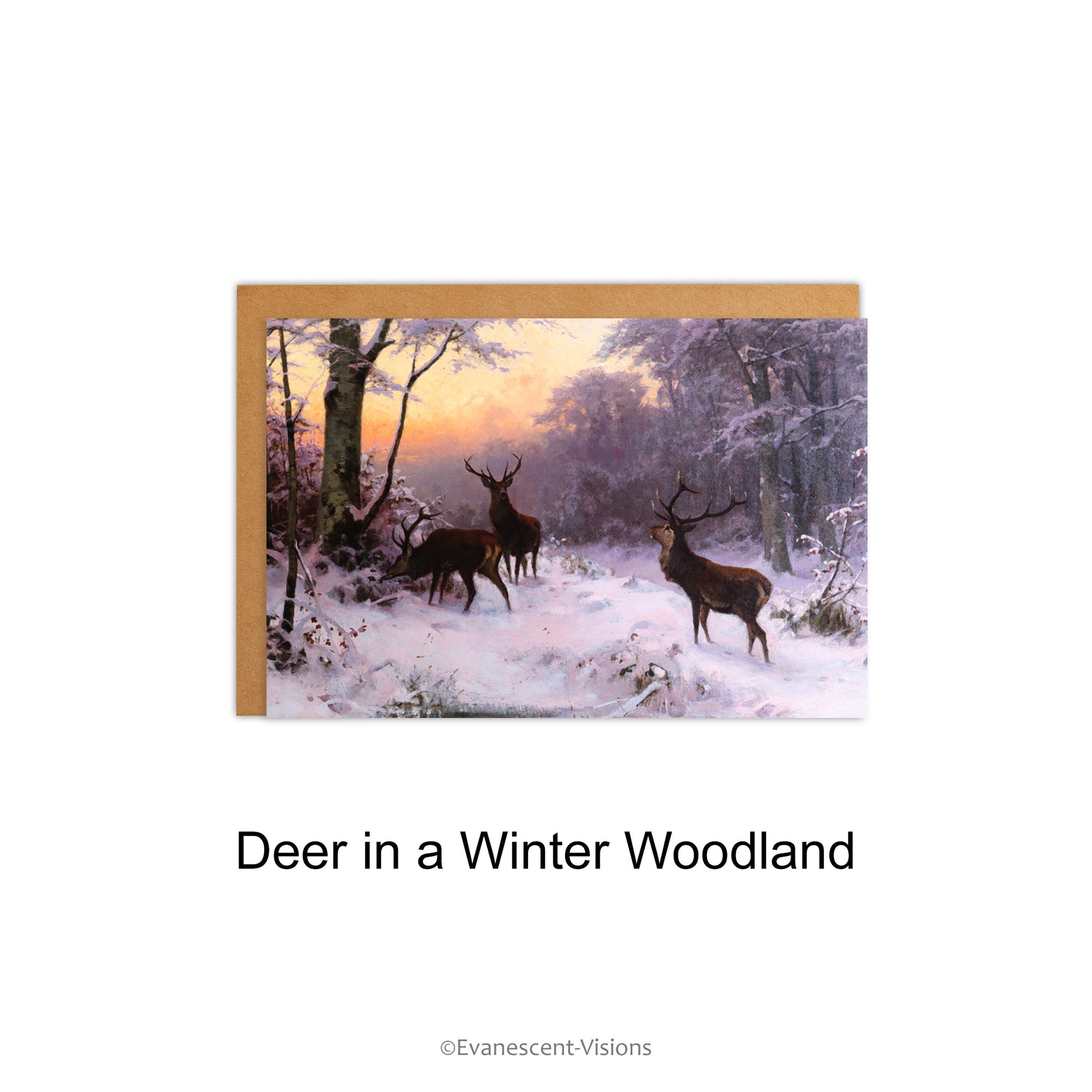 Winter Landscapes Art Christmas Card option ' Deer in a Winter Woodland'