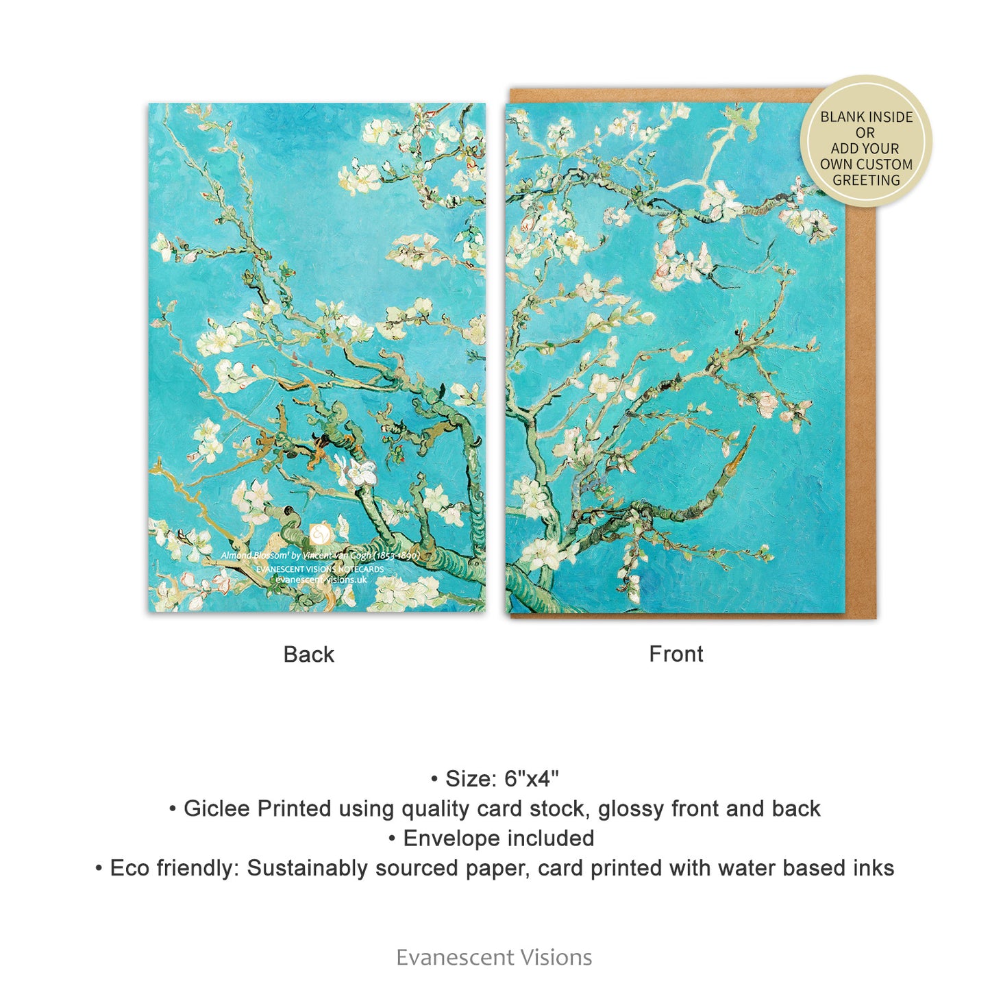 Front and back views and product details for the Van Gogh's Almond Blossom floral Art Notecard