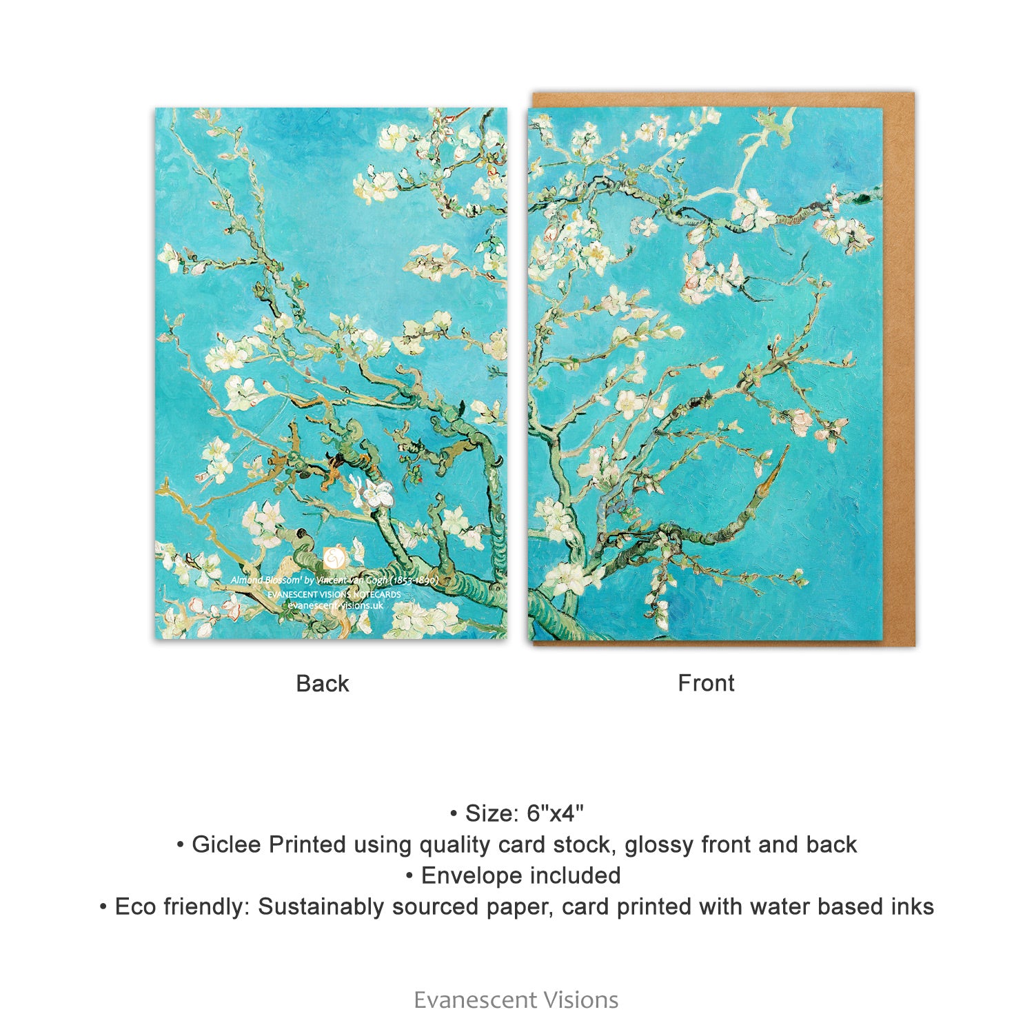 front and back views of the Almond Blossom by Vincent Van Gogh Art Notecard and product details