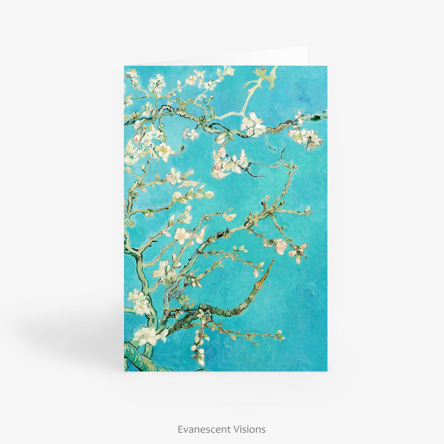 Front view of Front and back views of the Van Gogh's Almond Blossom Art Notecard standing on a table