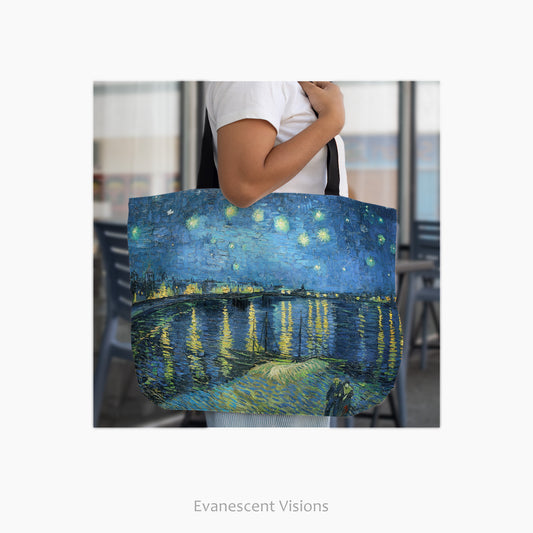 Woman carrying the Starry Night Van Gogh Art Large Tote Bag on her shoulder