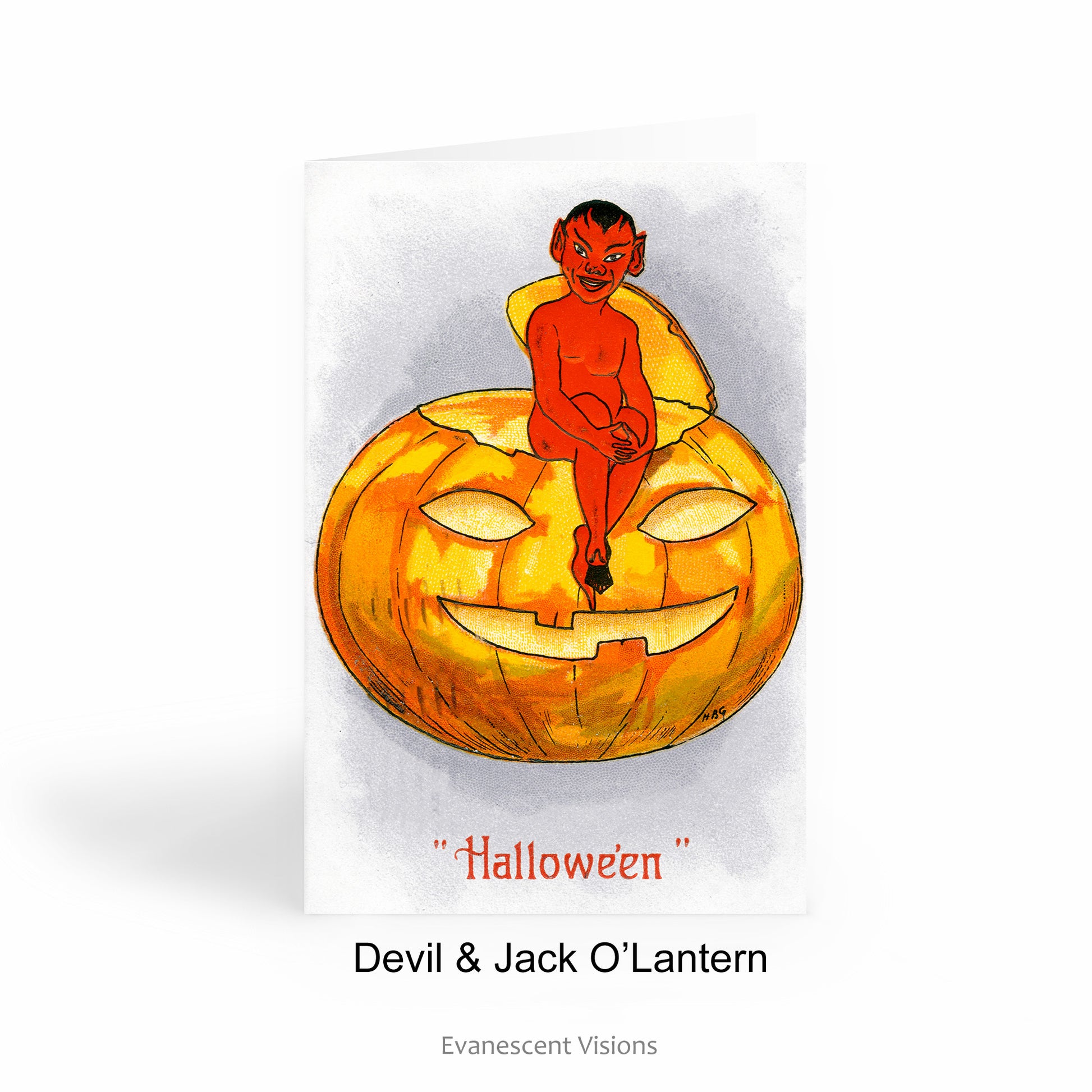 Vintage Illustration Halloween Card with a Devil sitting on a Jack O'Lantern