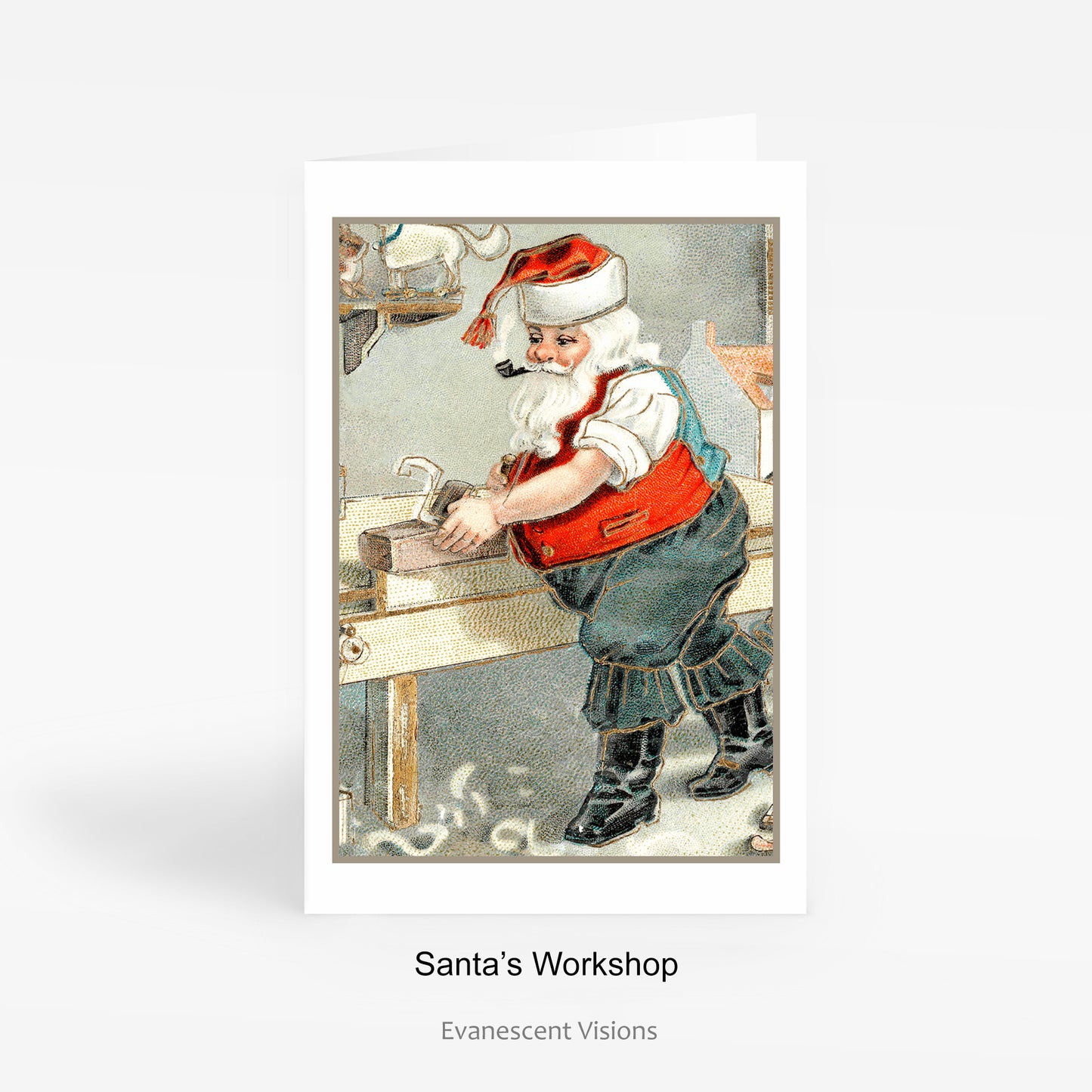 Vintage Victorian and Edwardian Illustration Christmas Card with Santa in his workshop