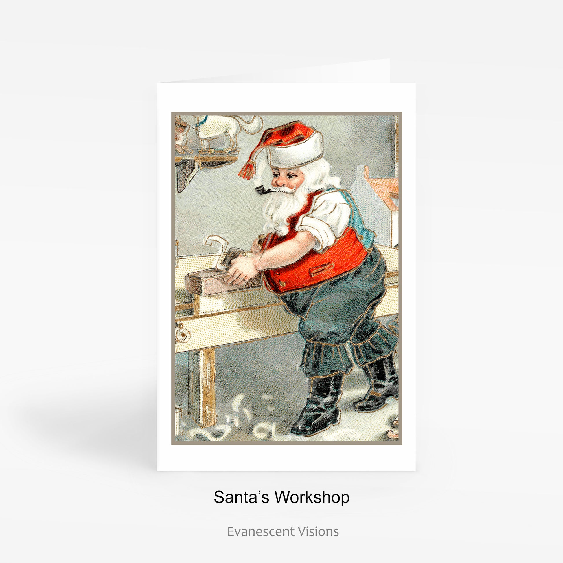 Vintage Victorian and Edwardian Illustration Christmas Card with Santa in his workshop