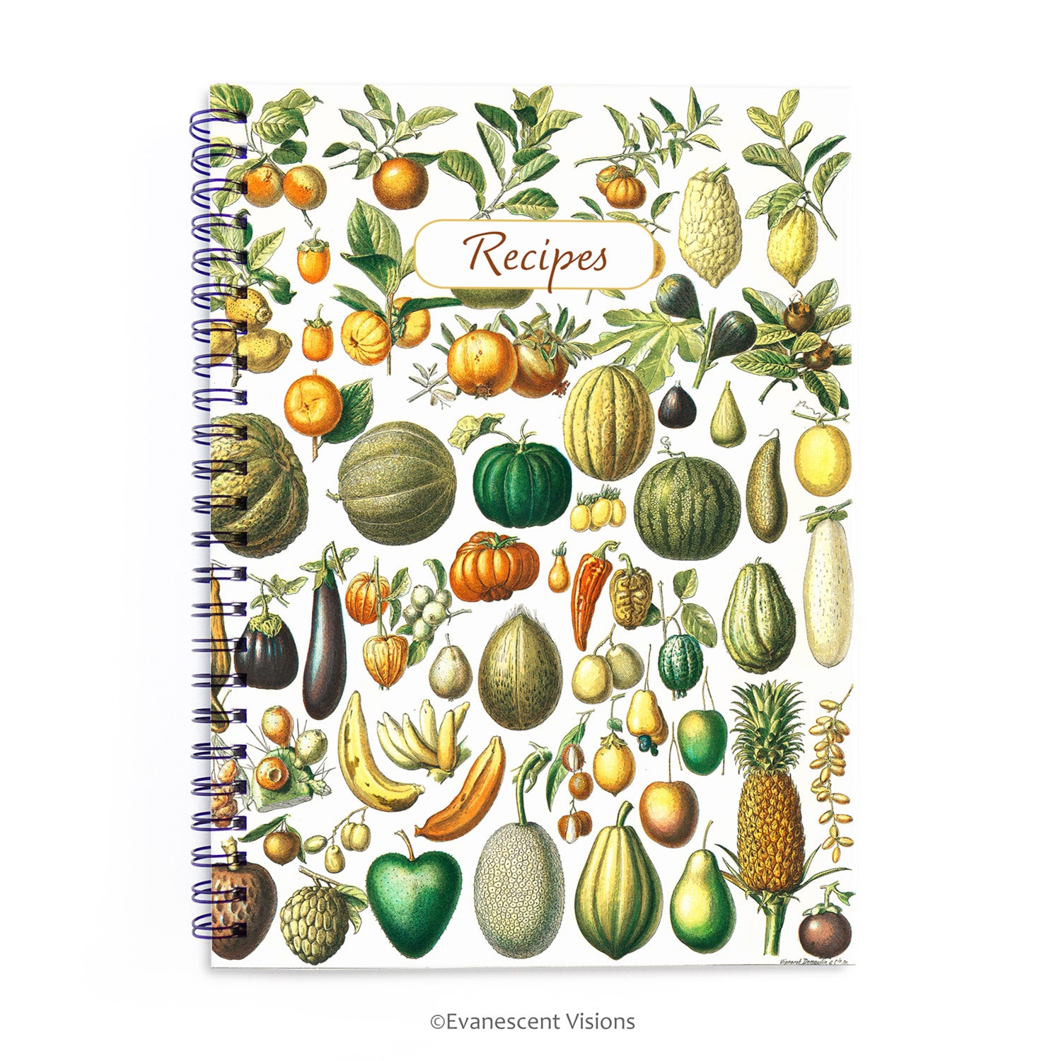 Evanescent Visions Vintage Fruit and Vegetables Patterned Spiral Bound Recipe Notebook