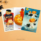 American Vintage Illustration Halloween Cards on an orange coloured table with fake spiders 