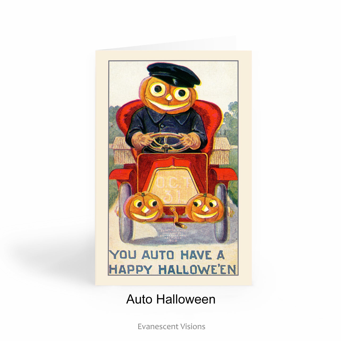 Vintage Illustration Halloween Card with a pumpkin driving a car