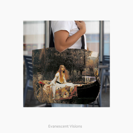 A woman carrying the Waterhouse Pre-Raphaelite Paintings Large Tote Shopping Bag
