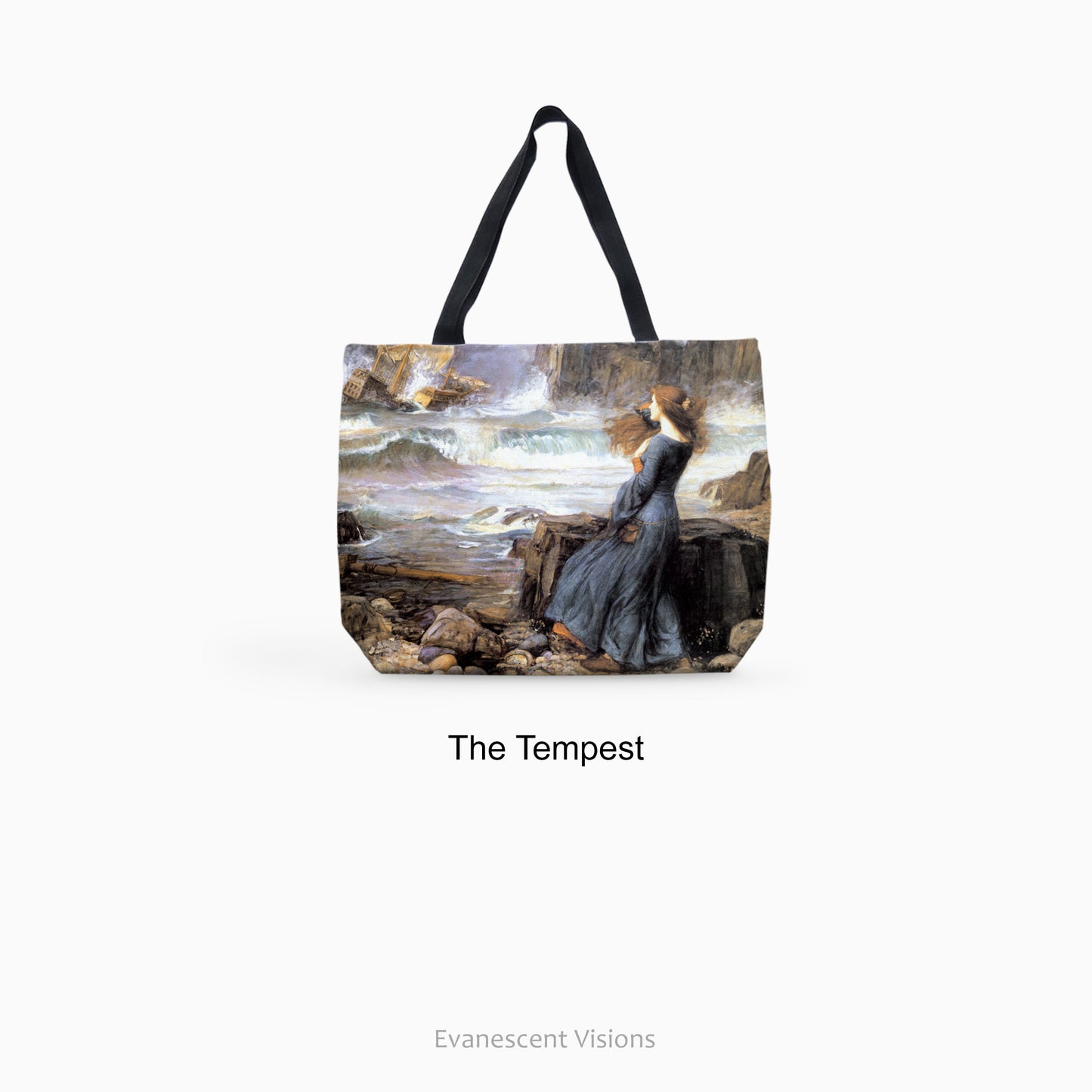 Waterhouse Pre-Raphaelite Paintings Large Tote Shopping Bag with The Tempest design