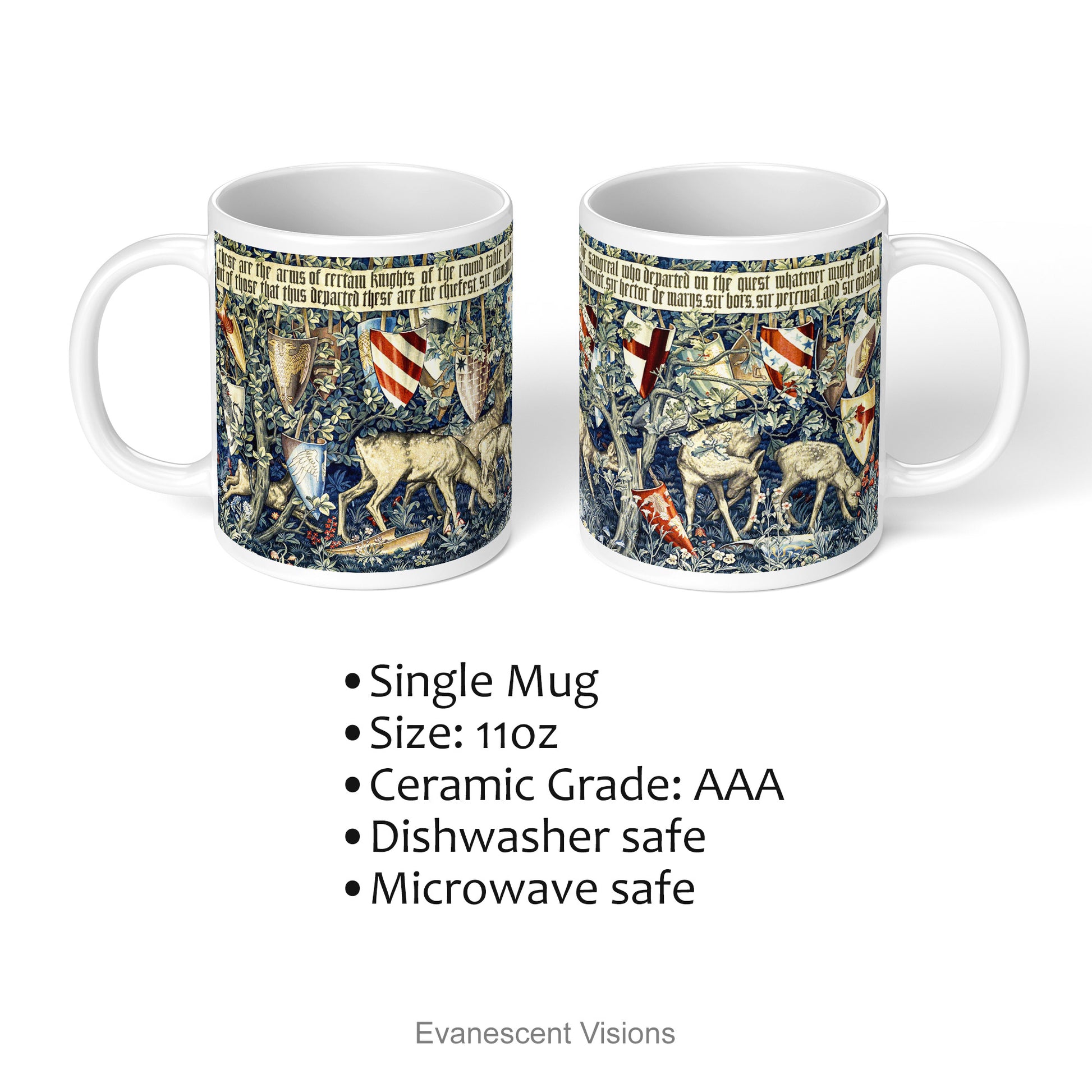 left and right views of the William Morris King arthur Vedure Panel Art Mug with product details