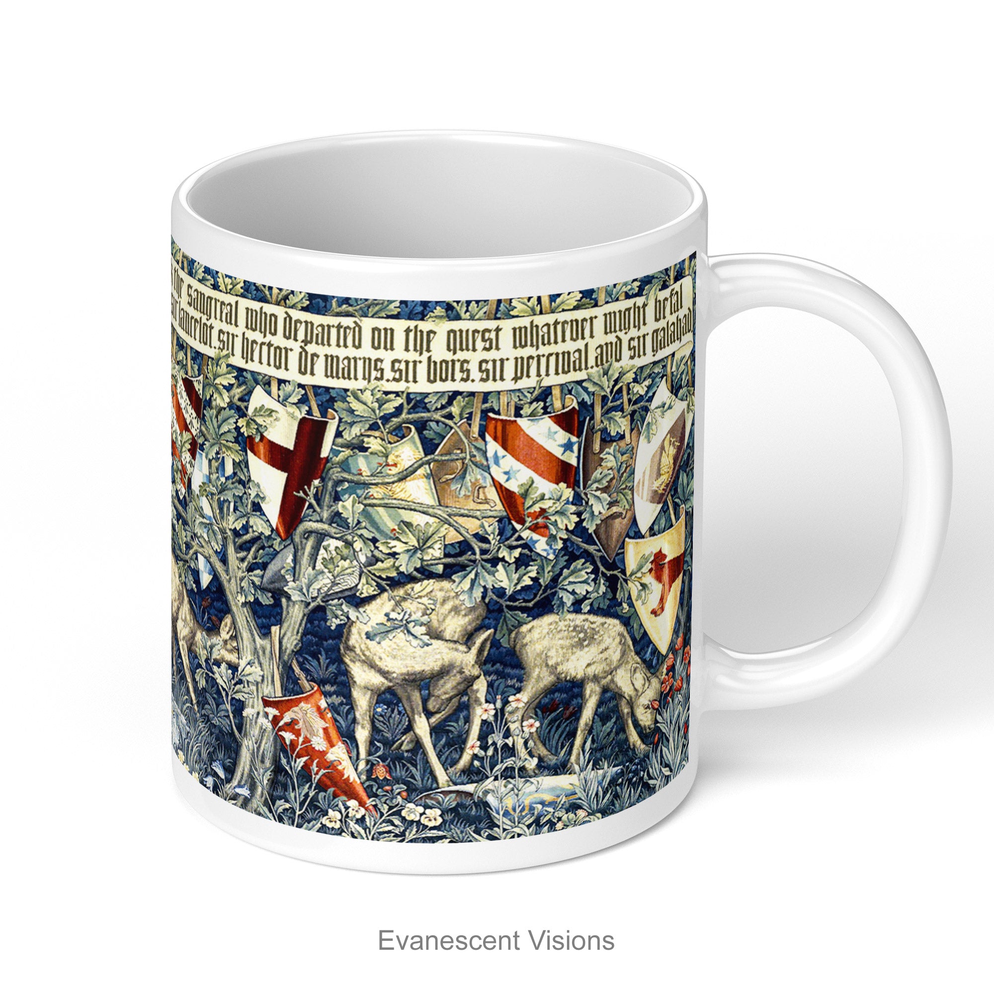White Ceramic mug with a print of tapestry design 'Verdure with Shields and Deer', shown on a white background.