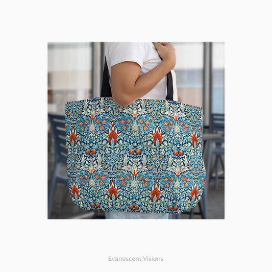 Woman carrying a William Morris Patterned Large Tote Bag on her shoulder