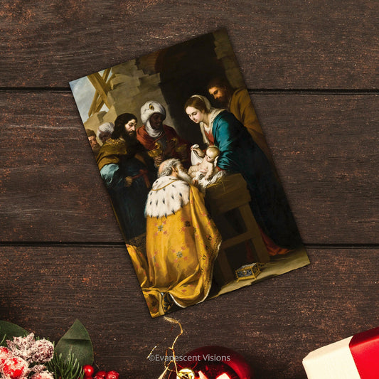 Murrillo Adoration of the Magi Christmas Card on a christmas table