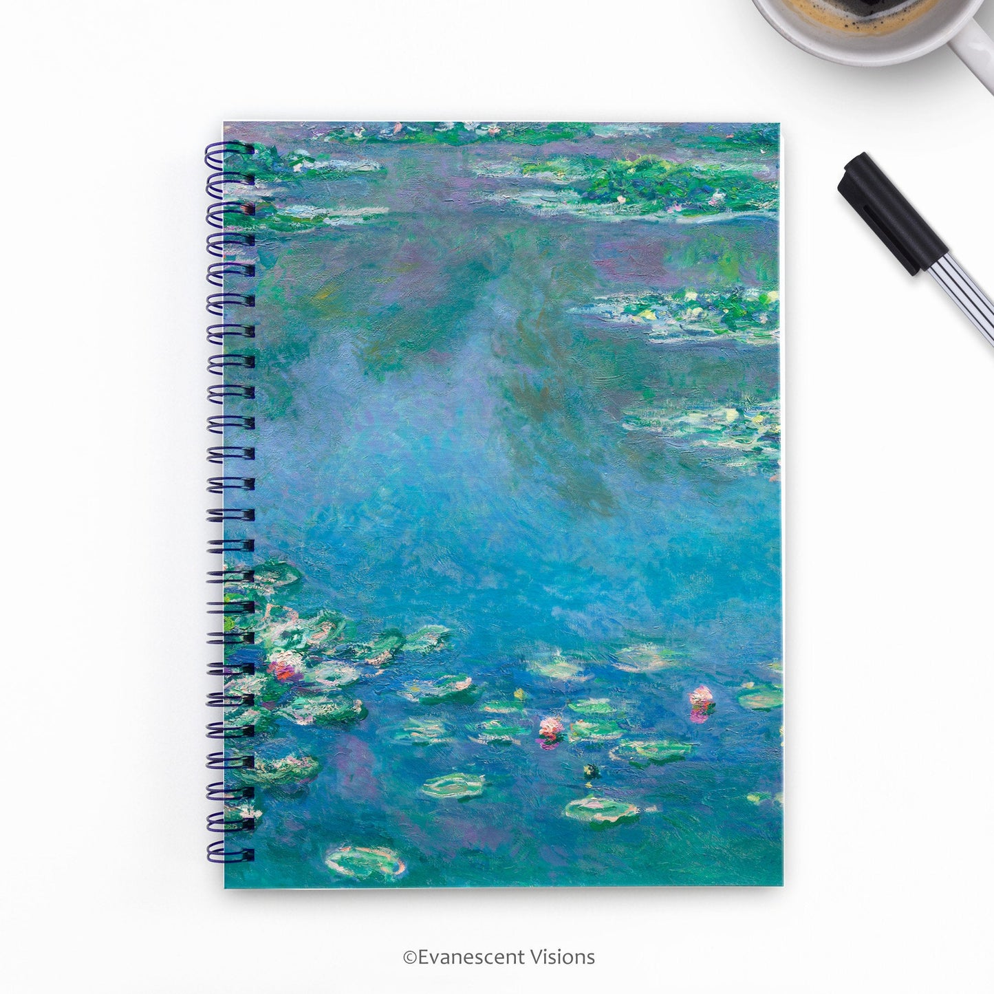 Monet Water Lilies Fine Art Spiral Bound Notebook with a pen and cup